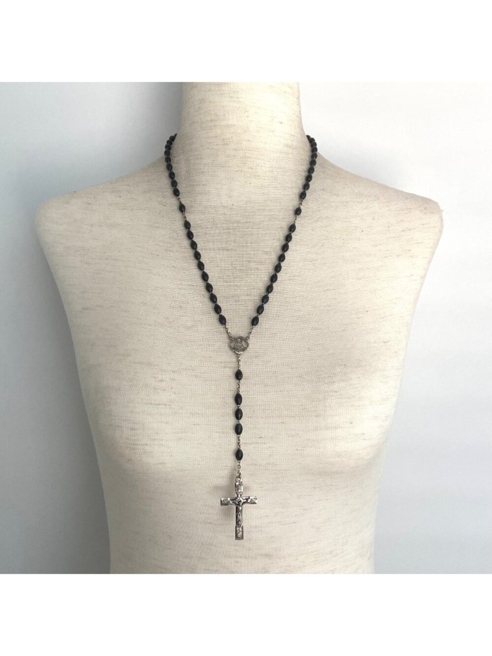 VTG Sterling Silver 925 Italian Black Beaded Rosary Crucifix Cross Y Necklace